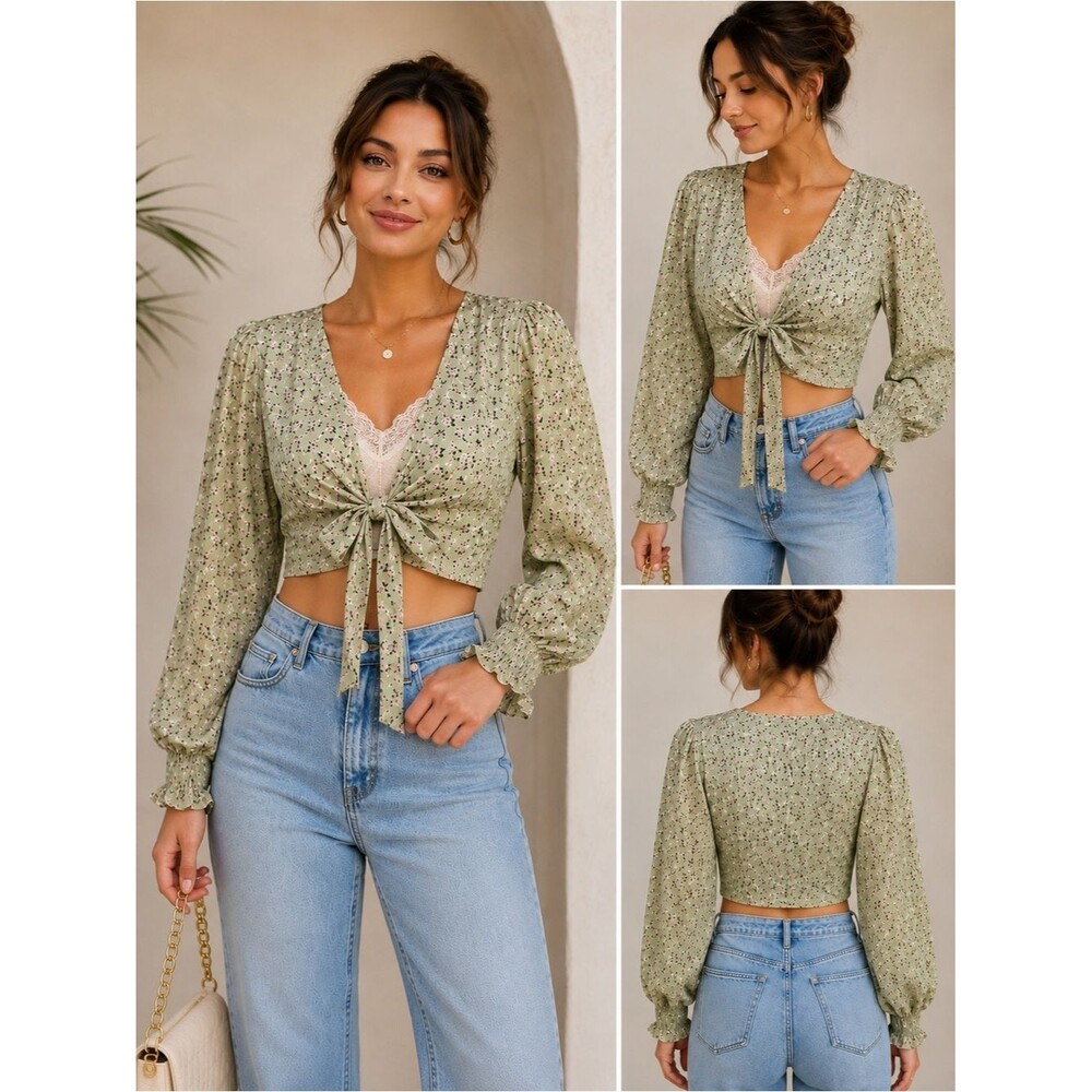 More to Come Floral Tie Front Crop Top | Women’s XS | Sage Green Long Sleeve
